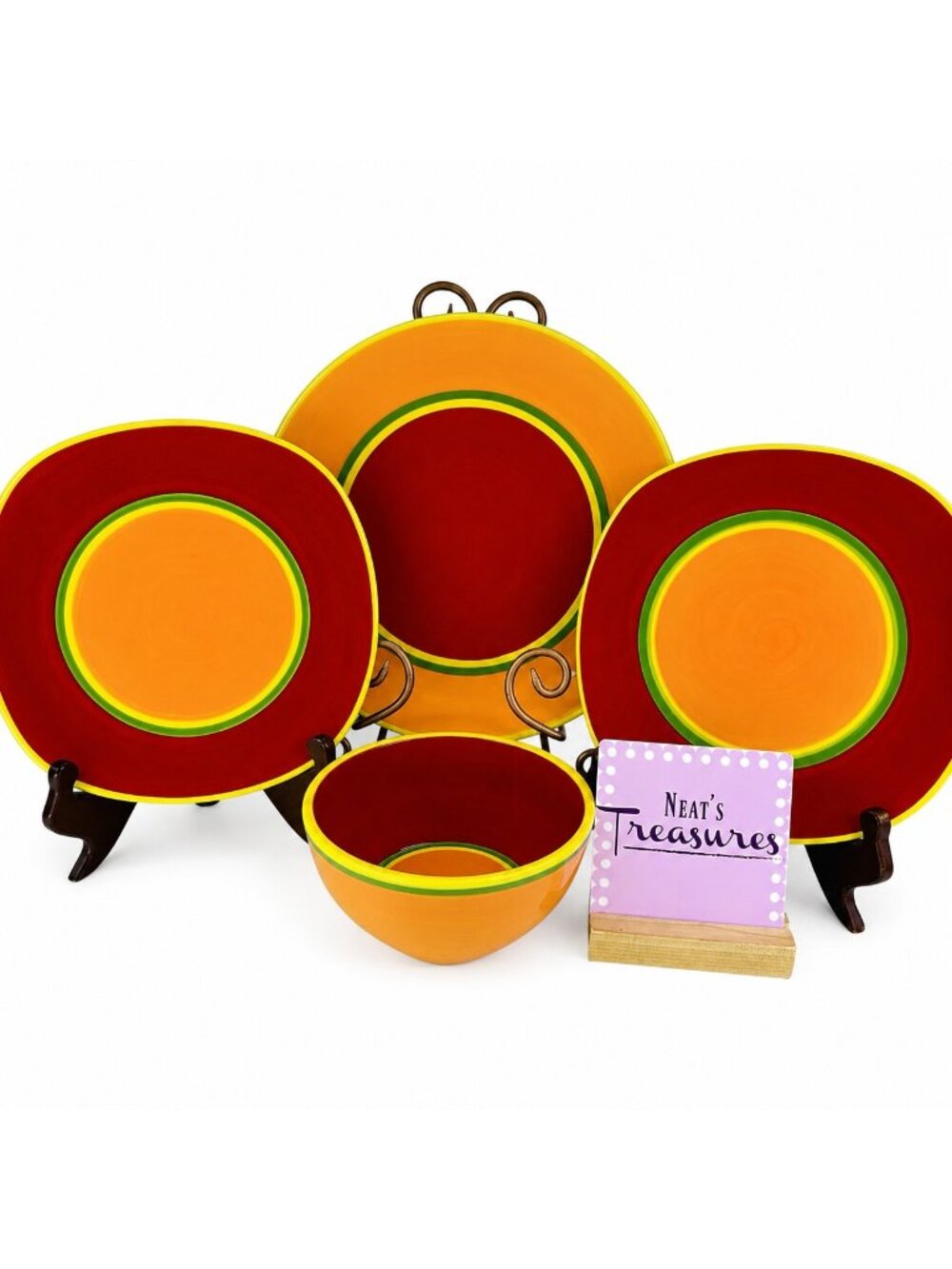 Dansk CARIBE ARUBA ORANGE Red Green Yellow 1 Dinner Plate 2 Salad Plates & Bowl